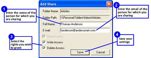 you wish to share the selected folder with inside the E-mail text box; then select the access rights you wish to grant to the person you are sharing the selected folder with using