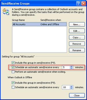 4. In the Send/Receive Groups dialog box, change the time interval field in the field Schedule an automatic send/receive every () minutes. Then click Close.