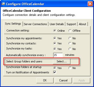 2. Click on the Sync Settings tab from the Configure OfficeCalendar dialog box. Click the Select button next to Select Group folders and users. 3.