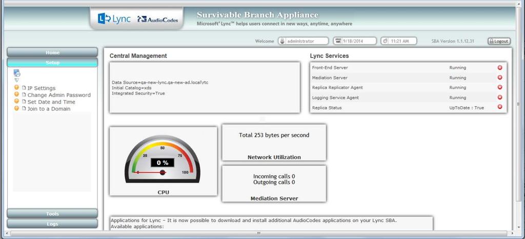Mediant 800B SBA Figure 10-1: Setup Tab Displaying Tasks In each of the configuration menu screens, the current CPU of the OSN module is displayed in the background.