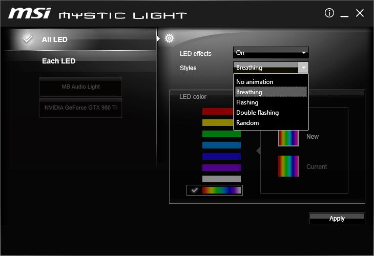MYSTIC LIGHT MYSTIC LIGHT allows you to control LED lights on your motherboard and graphics cards. All LED - controls all LEDs on your motherboard and graphics cards.