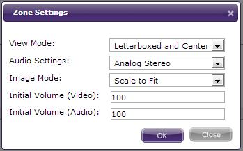 b. Language: Select the language of the presentation. 4. Click Zone Settings to change the properties of the Video or Images zone: a. View mode: Use the dropdown list to specify a setting for videos.