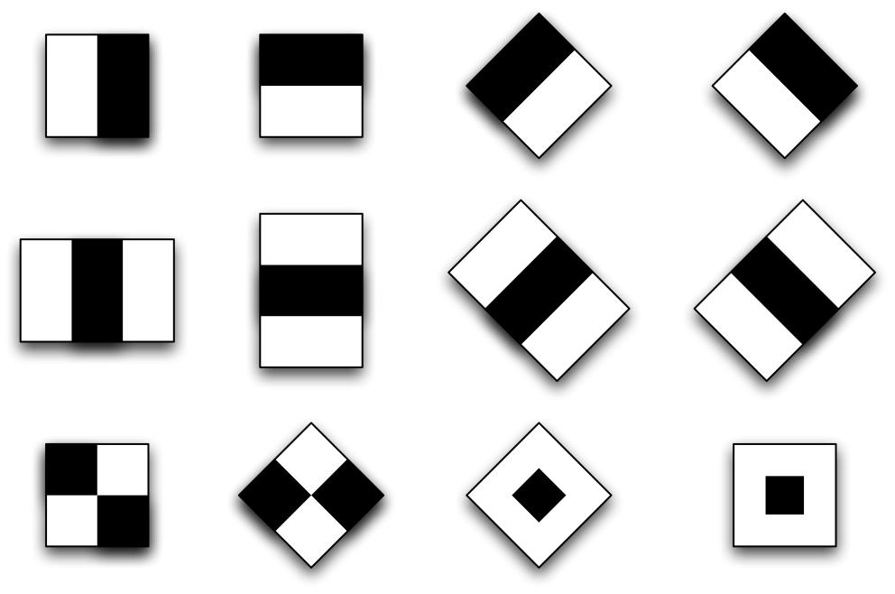 Haar base functions (2D) 13 Convolution kernels (black/white, ±1), responses are Haar features: