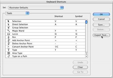 Viewing All Shortcuts 1. To export a list of all the Keyboard shortcuts in Illustrator, choose Edit > Keyboard Shortcuts. Keyboard Shortcuts 2. Then click Export Text.