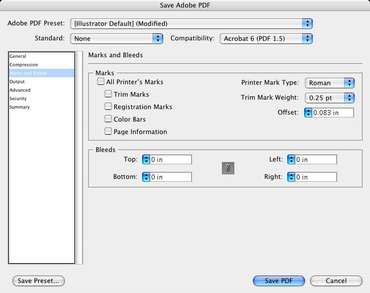 Marks & Bleeds If the print shop requests that marks & bleeds be included in the document, you can turn them on here.