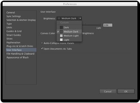 User Interface (UI) Defaults Illustrator has moved, like many other Creative Cloud programs, to the Dark UI (User