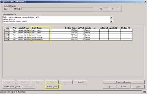Setting up a sequence 2 Assigning a study and custom fields Assigning a study and custom fields 1 The ChemStation sequence table allows you to specify an individual ChemStore study per sequence line.