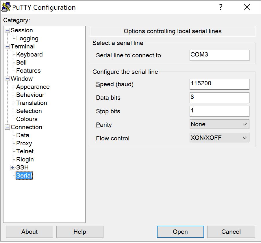 Windows OS Use the following settings on Putty and select Open to connect to the Ignite SDN router console. You can find the COM port corresponding to your serial cable in the Windows Device Manager.