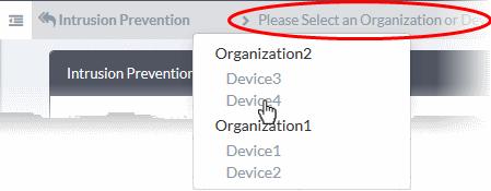 The 'IPS Rules Settings' interface for the selected organization/device will appear.