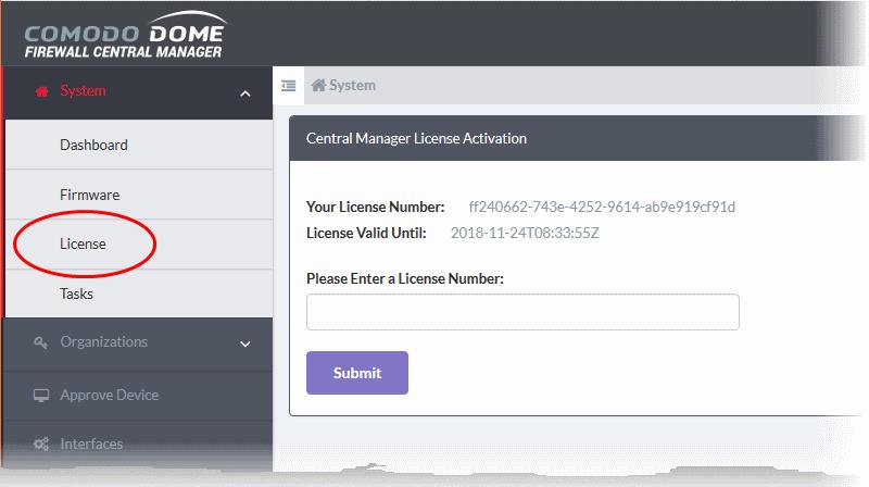 4.2 View and Upgrade Central Manager License You can view and upgrade your license when it is nearing expiry from the 'Central Manager License Activation' interface.
