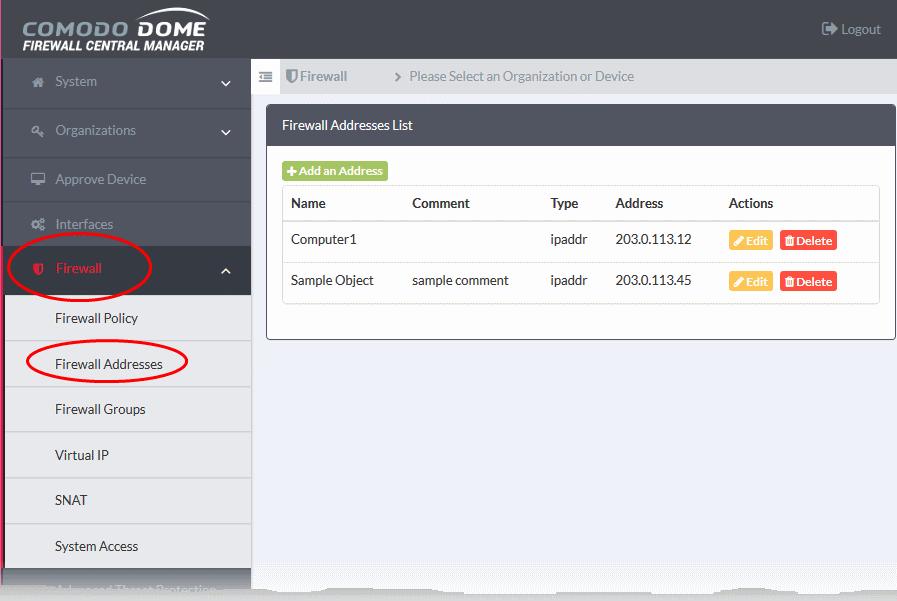 The 'Firewall Addresses' interface lists all firewall address objects added to Comodo Dome Firewall Central Manager.