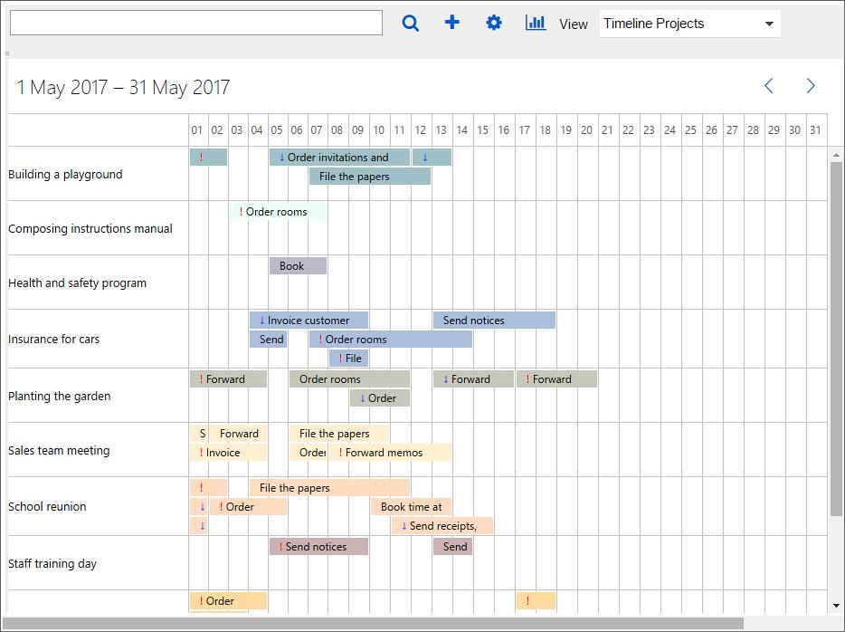 6.3.4 TIMELINE PROJECTS When you select the Timeline Projects view, you will see the tasks for one month grouped by project. You can drag and drop the tasks to change project.