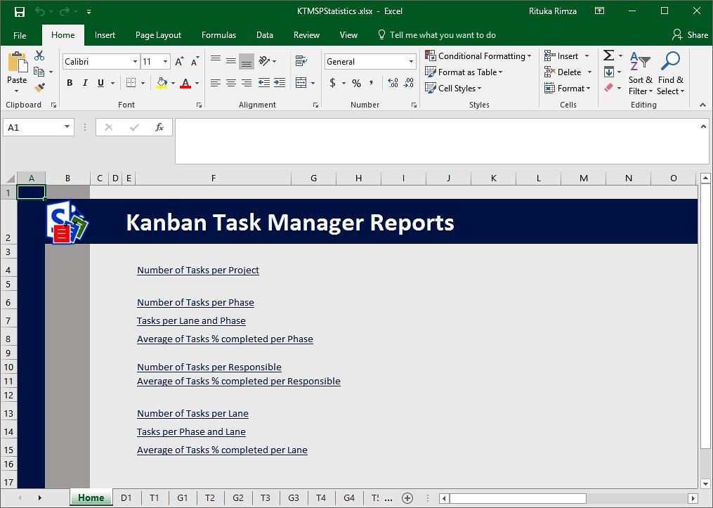 7 STATISTICS Kanban Task Manager data can be studied in different Excel reports. You can reach the statistics by pressing the Statistics button in the Kanban Task Manager toolbar.