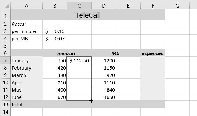 the costs per minute: Go to the worksheet 41 In cell C7, type: = cell B7 This is the number of called