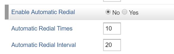 - Enable Automatic Redial : Enable/disable automatic redial. - Automatic Redial Times : This configures the number the times the phone will try to redial.