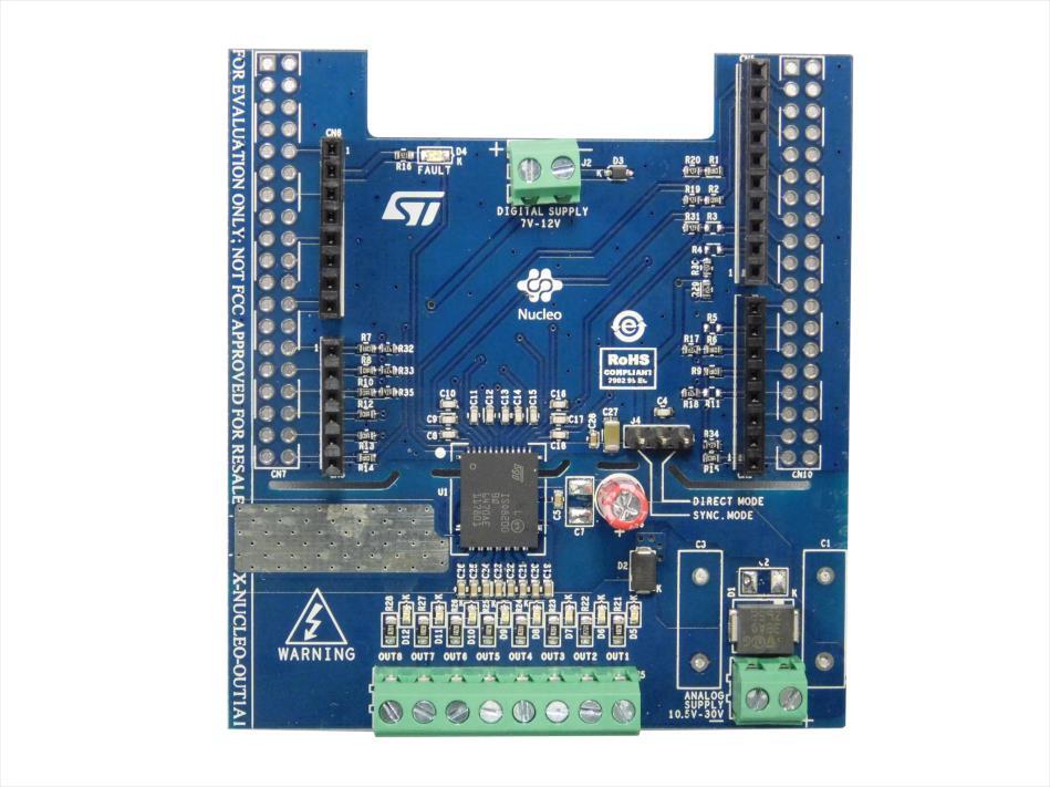 5.1.3 X-NUCLEO-OUT01A1 expansion board System setup guide The X-NUCLEO-OUT01A1 is an Industrial Digital output expansion board based on ISO8200BQ for STM32 Nucleo boards.