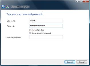 Figure 48Step 6 of Setting Up a PPTP VPN Connection in Windows Vista 7 Fill in the following boxes on the Type your user name and password screen: In the User name box, type your personal workspace