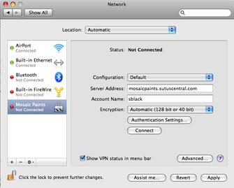 Figure 55Setting Up a PPTP VPN Connection Mac OS X Leopard 6 As shown in Figure 56, fill in the following fields: Server Address: Enter the Internet domain name of your Business