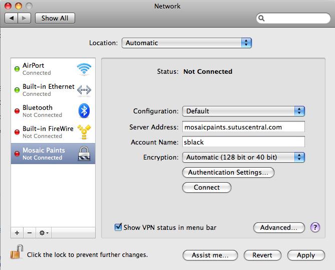 Figure 56Setting Up a PPTP VPN Connection Mac OS X Leopard 8 Make sure the Show VPN status in menu bar box is checked. You can either Connect from this window or close it to connect at a later time.