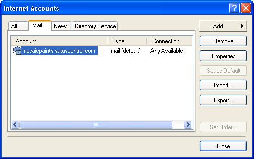 14 In Outlook Express, select Tools > Accounts from the menu. 15 Select the Mail tab. 16 Select the email account your just created, and click Properties.