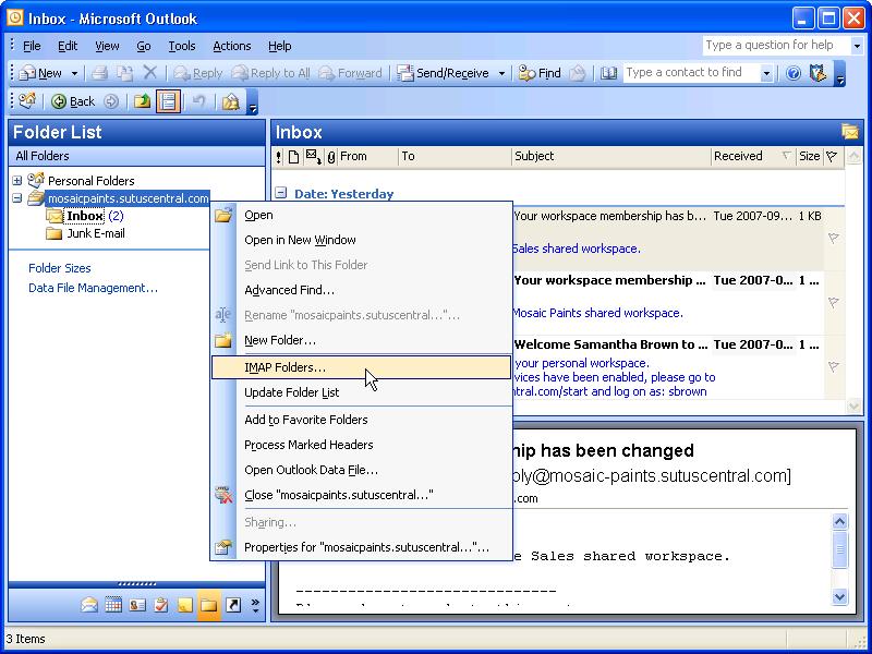 Figure 65IMAP Folders in Outlook Context Menu An IMAP Folders window opens. 2 Click the Query button.