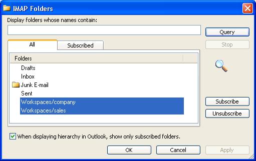 Figure 66Microsoft Outlook IMAP Folders Dialog Box 3 If necessary, scroll down in the Folders list to show all the shared workspaces that the user is able to access.