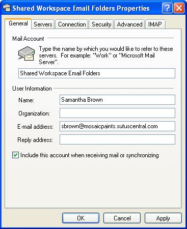Figure 68Email Account Right-Click Menu 2 On the General tab, delete the email account name in the Mail Account box and replace it with Shared Workspace Email Folders.