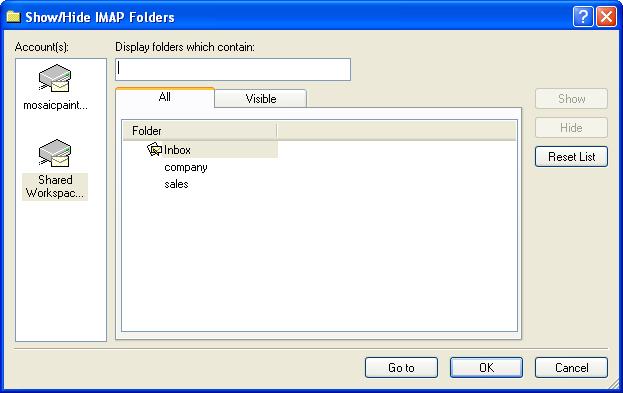 Figure 72Show/Hide IMAP Folders in Outlook Express 6 10 In the list of workspaces folders, select a folder you want to show (for example, company), and then click the Go to button.