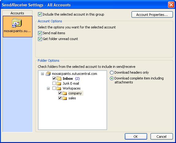 Figure 77Send/Receive Settings in Outlook 7 Click OK, Close, and OK to close the dialog boxes and save settings.