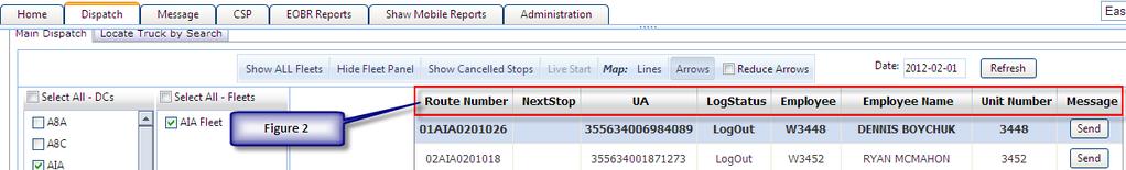 Figure 2 show the details of the route Route Number: A given number to a specific route NextStop: UA: Unit Address for the handheld LogStatus: Shows the login status of the handheld Employee: