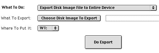 8. Export Disk Image File to Entire Device - Lets you choose a Macintosh Disk Image File for exporting to a Synclavier hard drive - Lets you specify a device (W0: or W1:) to which the Disk
