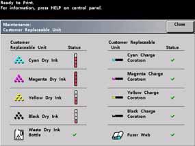 Maintenance - Touch the Customer Replaceable Unit button to display the status of the Dry Ink/Toner