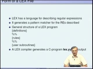 (Refer Slide Time: 13:02) Let us look at some details of LEX. What is the form of a LEX file? a LEX specification; LEX has a language for describing regular expressions. I mentioned this already.