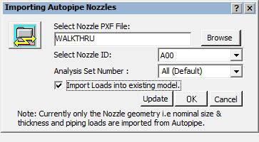 Example2: Import Anchor Loads from AutoPIPE into AutoPIPE Nozzle This example describes the interface to transfer the anchor loads calculated in AutoPIPE into AutoPIPE Nozzle.