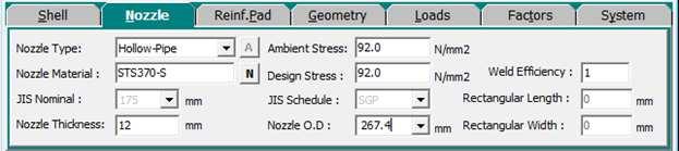 Item Unit Input Value and selection Shell Type - Cylinder Shell Thickness mm 20 Ambient Stress N/mm 2 103 (Automatic) Design Stress N/mm 2 103 (Automatic) ID - (Click) Diameter ID mm 2000 Nozzle