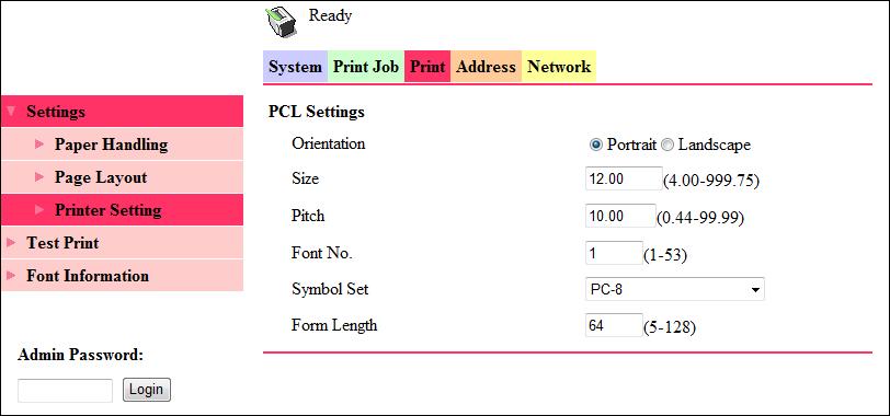 8.3 User mode 8 8.3.10 [Print] - [Settings] - [Printer Setting] This item enables you to check the settings relevant to the PCL function of the printer.