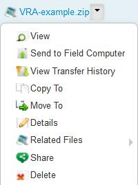 View Opens the file in the internet browser. Send to Field Computer Only available for Rx Maps. View Transfer History Displays the transfer history between the Field Hub and the field computer.
