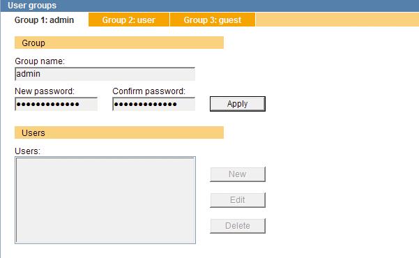 Fig. 8-8 ¾¾Select the tab of the relevant group. ¾¾Click New. The New user dialogue is displayed. Fig. 8-9 ¾¾Enter a new User name. ¾¾Enter a New password.