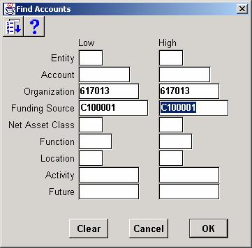 A Find Accounts window will appear. Provide your Organization and Funding Source values.