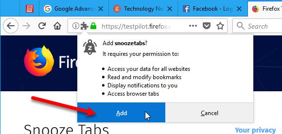Click Add on the Add snooze tabs dialog box.