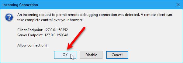 On the Incoming Connection dialog box, click OK to allow the
