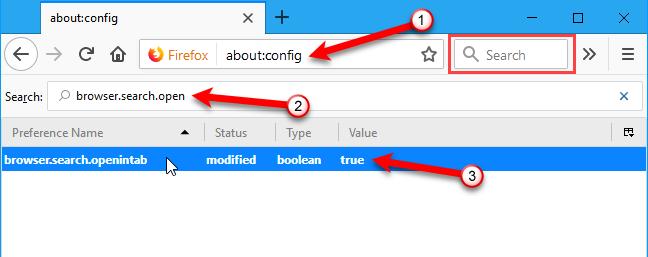 Go to the advanced configuration settings page using about:config in the address bar. 2. Start typing browser.search.