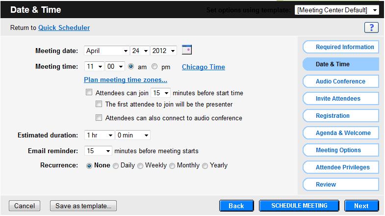 Step 5: Select Next or Date & Time and select the date and time for the meeting as well as other
