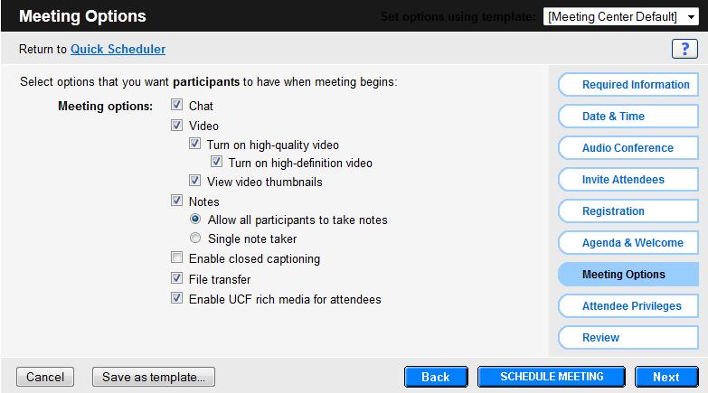 Step 11: Select Next or Attendee Privileges, select the options you would like participants (students) to have when they enter the meeting.