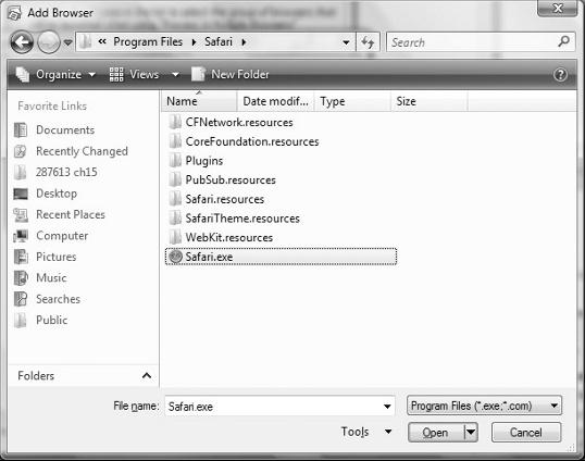 Part I: The Basics 3. Type a name to represent the browser. 4. Click the Browse button to open the Add Browser window (see Figure 1-15 ), and navigate to the.exe file that starts the application.