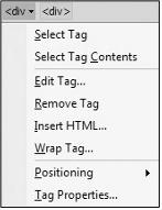 Chapter 1: Exploring SharePoint Designer Quick Tag Selector: Below the tab bar is the Quick Tag Selector, which superficially appears to be a simple HTML breadcrumb, displaying the hierarchy of tags