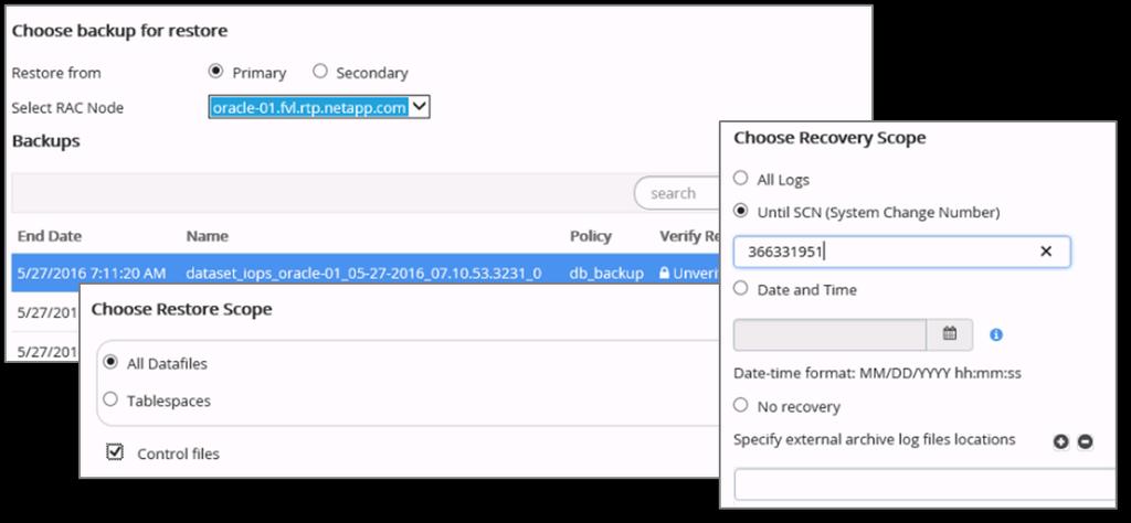 Lab Validation: FlexPod Datacenter with NetApp All-Flash FAS 11 Figure 8. Restoring an Oracle Database using NetApp SnapCenter Finally, we used SnapCenter to clone the database.