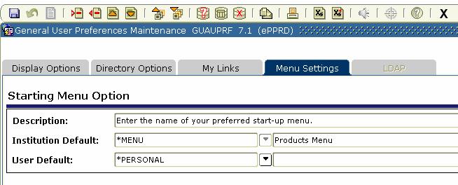 Maintenance form is displayed: Click on Menu Settings tab Type *PERSONAL in the User Default field