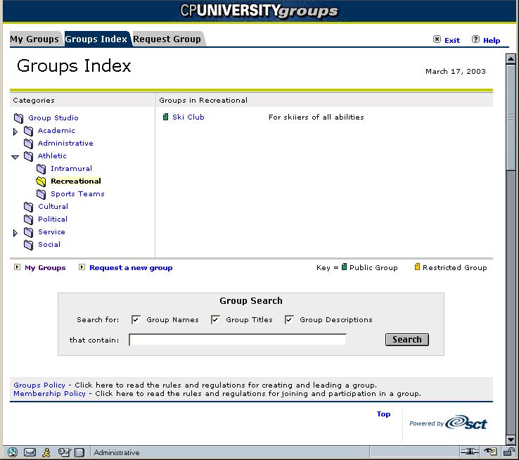 groups at your institution, and a form that allows you to request creation of groups. Group Index.