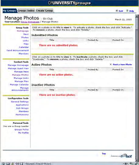 Managing homepage content caption. Clicking on an image launches the photo viewer, which allows members to see the larger image and to navigate forward or backward through the album.